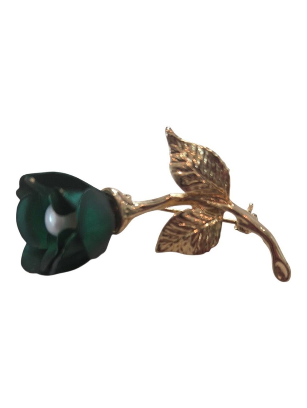 Vintage Gold Tone Green Rose Brooch with Pearl Center 🌹